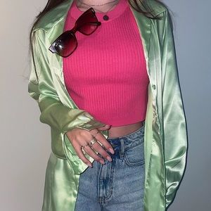 Green silk flowy button up “shacket”